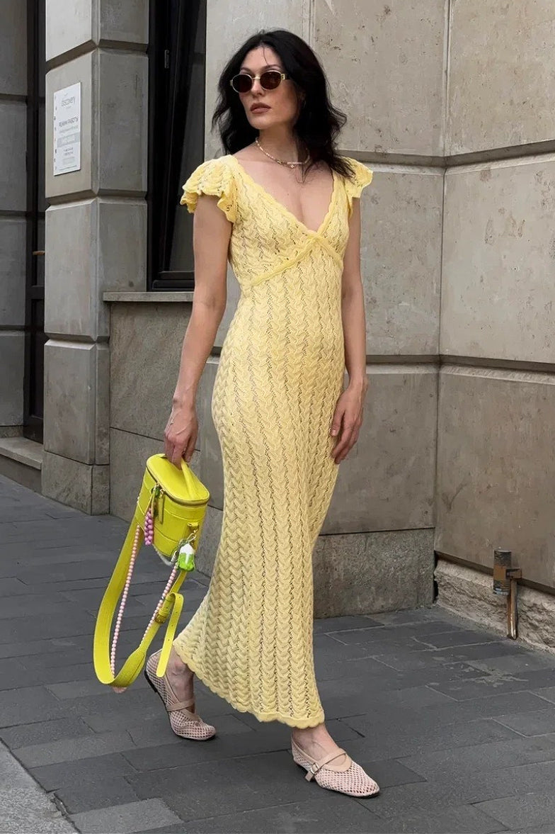 French Ruffle V Neck Knit Pastoral Maxi Dress