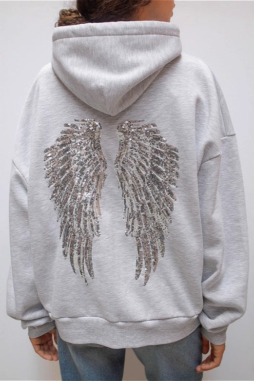 Solid Sequin Wing Graphic Relaxed Hoodie