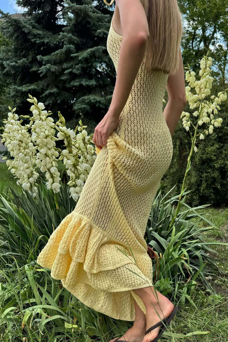 Vestido largo de punto con volantes bohemio, sexy, con recortes y tirantes transparentes