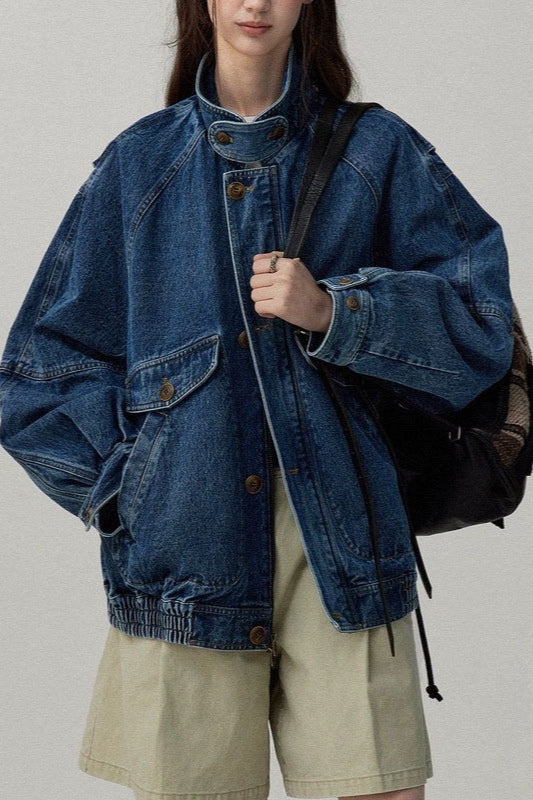 Stand Collar Washed Denim Utility Jacket