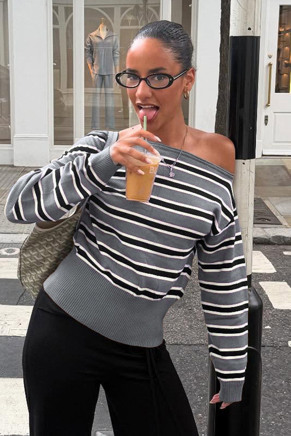 Off Shoulder Striped Color Block Long Sleeve Sweater Blouse