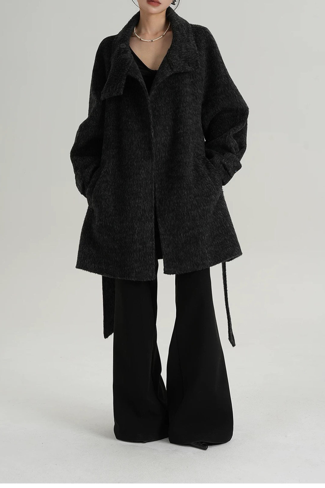 Abrigo suelto de lana sólida cálido con cuello alto simulado elegante