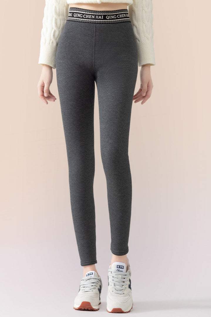 Leggings aderenti a coste in cotone con fodera in pile, lunghezza alla caviglia