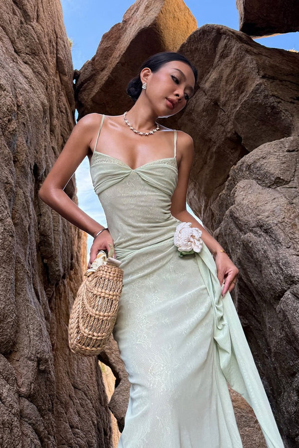 Lace Mesh 3D Floral Waist Cinched Cami Maxi Dress