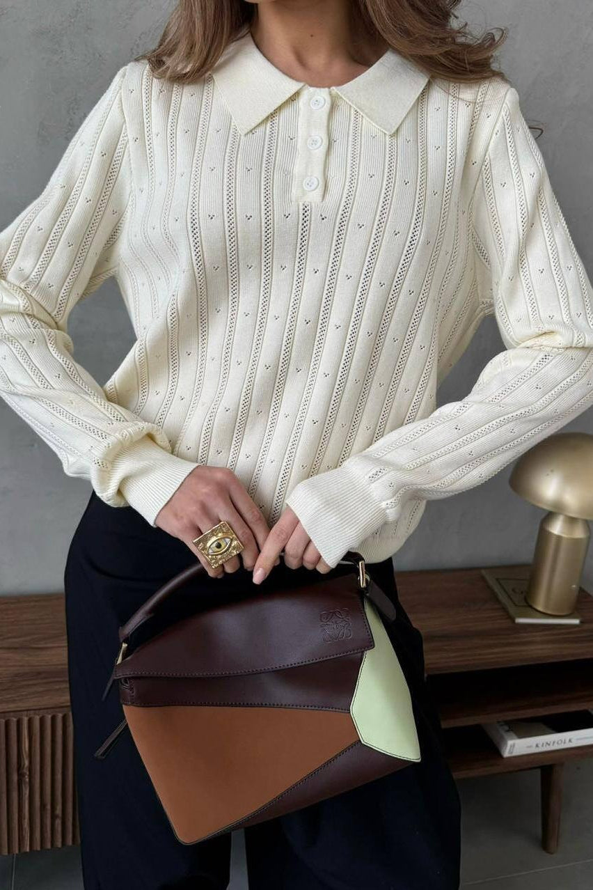 Jacquard Polo Collar Long Sleeve Loose Blouse
