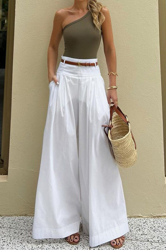 Solid Ruched High-Waisted Wide-Leg Pants