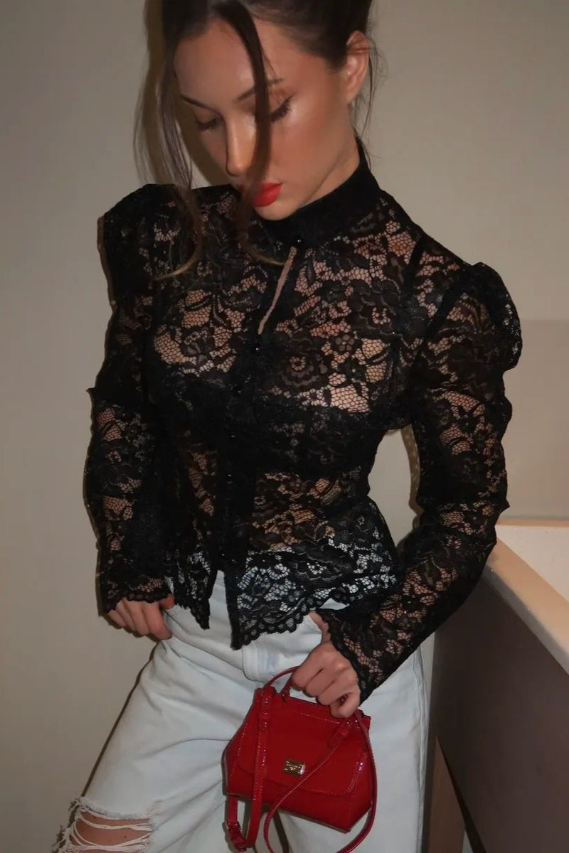Lace Puff Sleeve Stand Collar Elegant Blouse