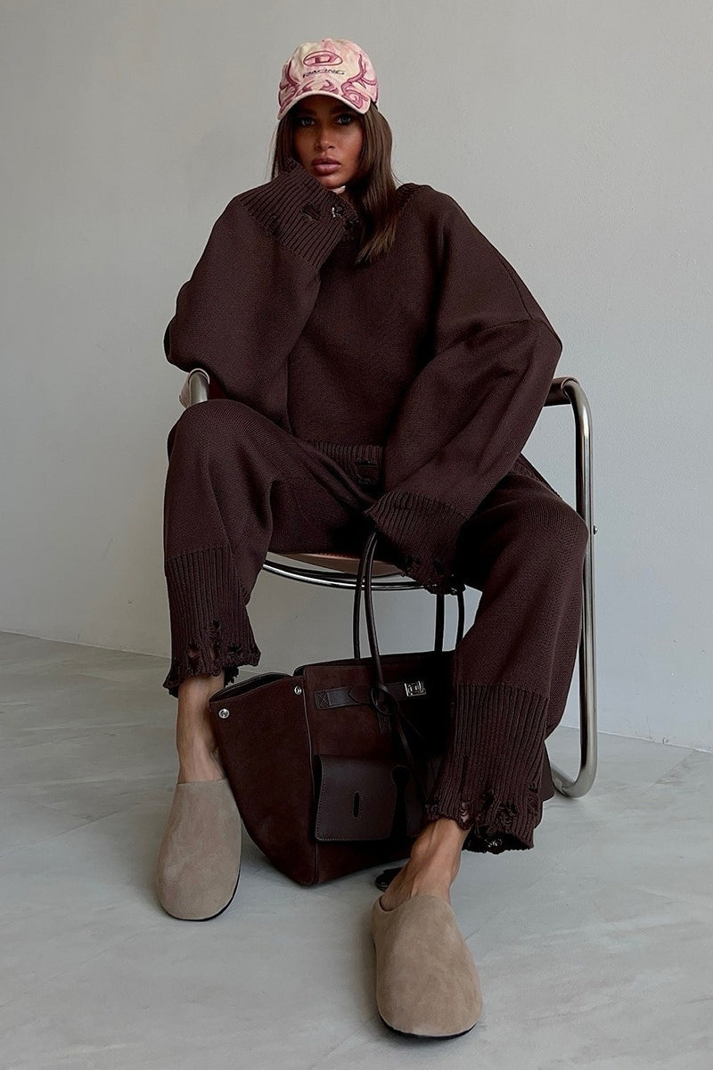 Solider grob gestrickter Pullover mit Rundhalsausschnitt, zweiteiliges Set