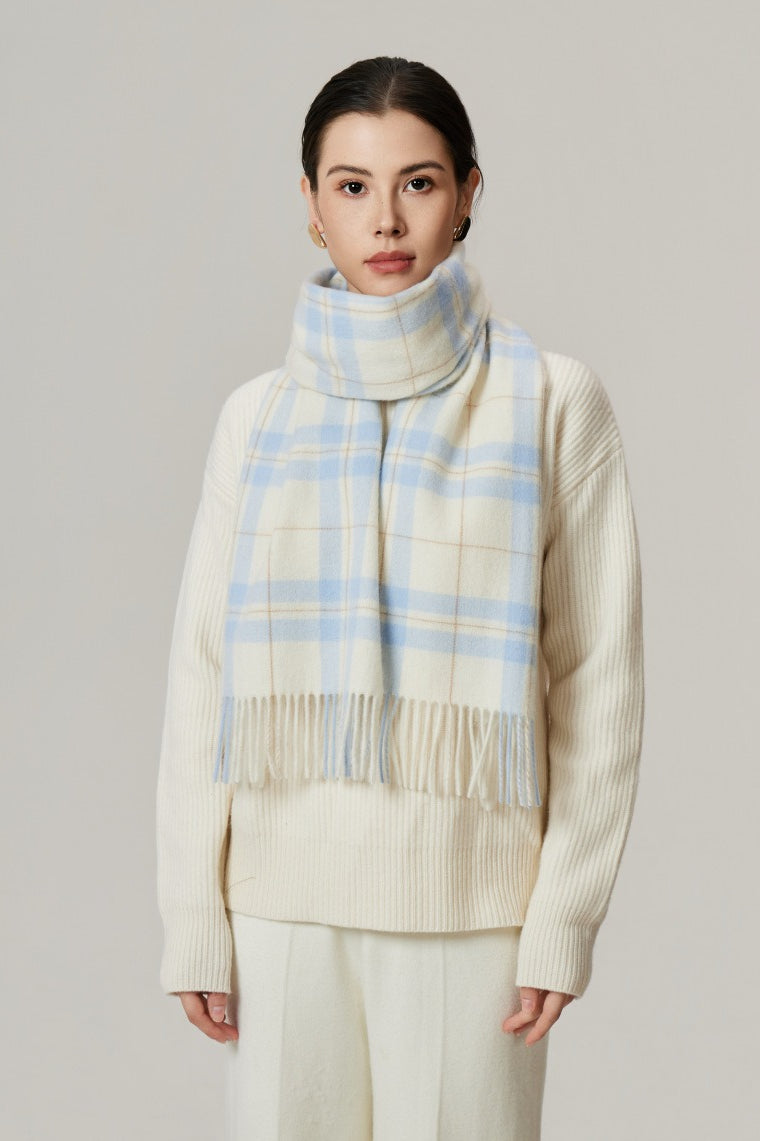 100% Wool Plaid Fringed Minimalist Scarf