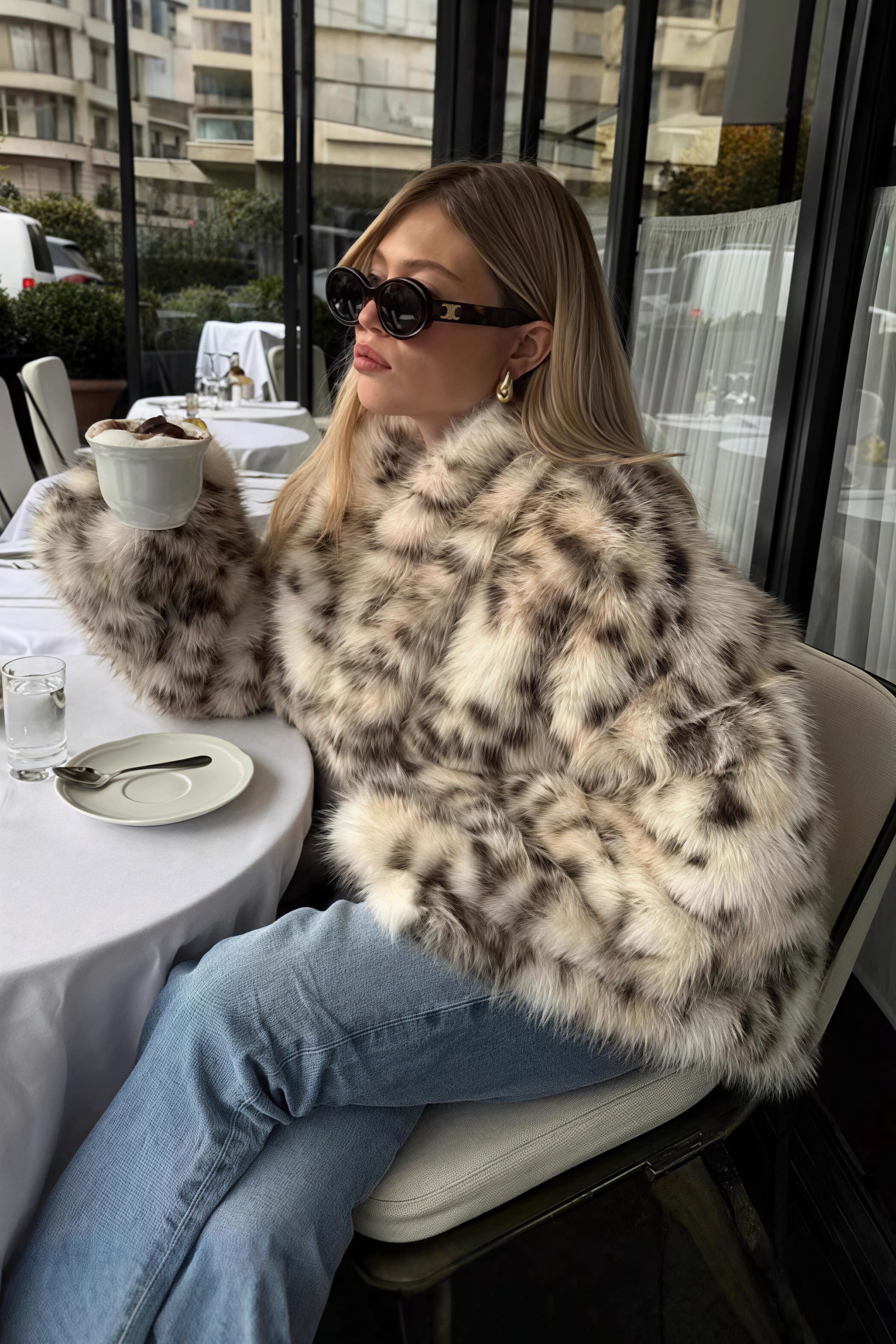 Mantel mit Leopardenmuster und Kunstpelzkragen