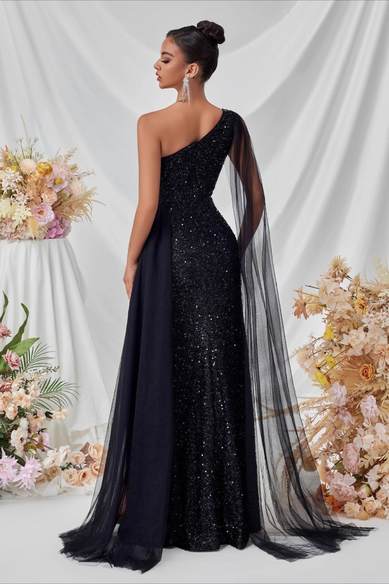 Sequin Mesh Panel Evening Party Dress