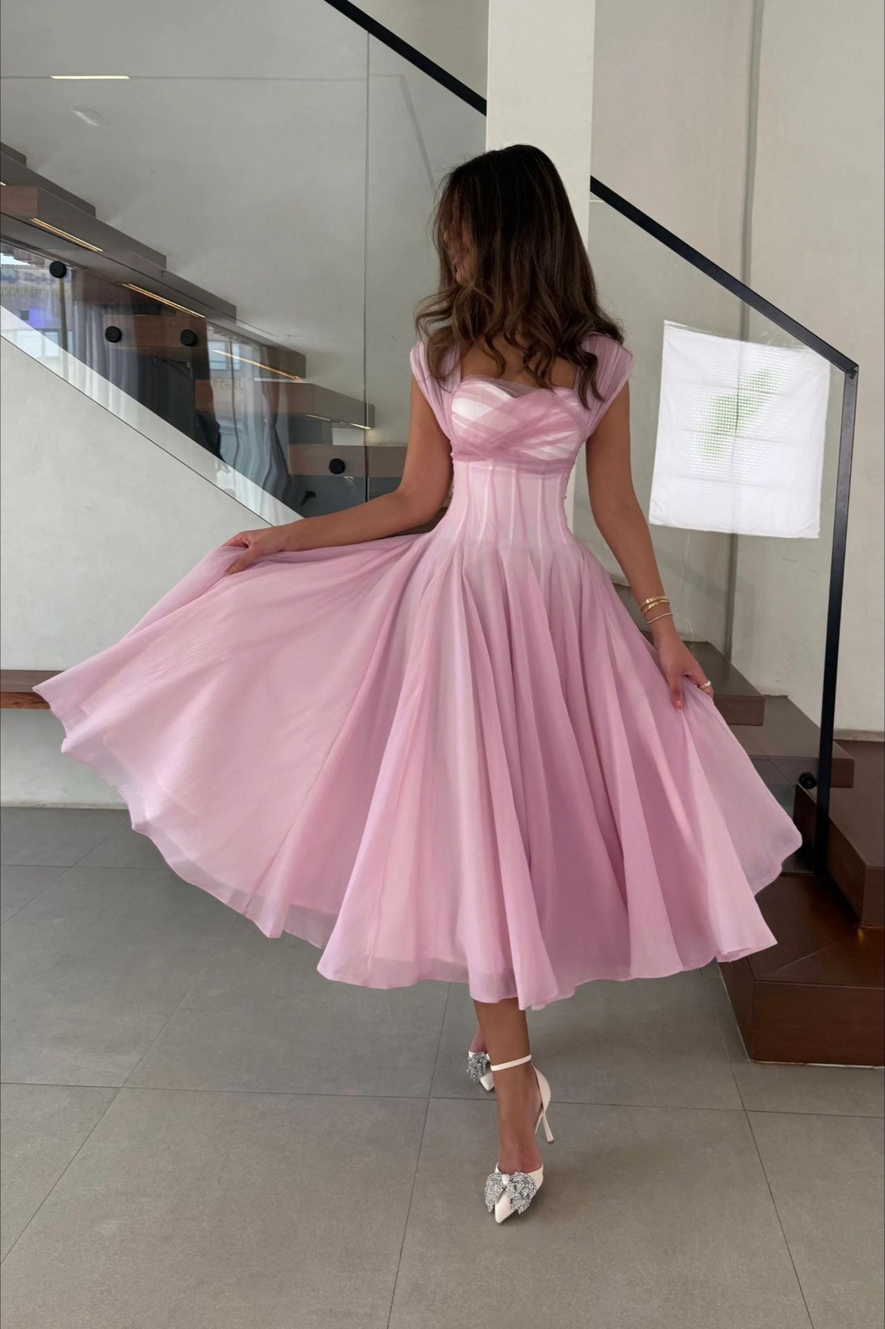 Soft Mesh Waist Flared Prom Dress