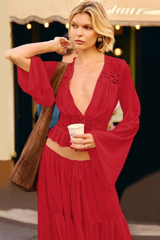 Verführerisches Spitzen-Chiffon-Durchsichtiges Rock-Set mit Bindeband