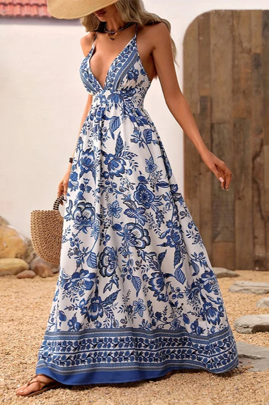 Hawaiianisches V-Ausschnitt Kurzarm Blumenkleid