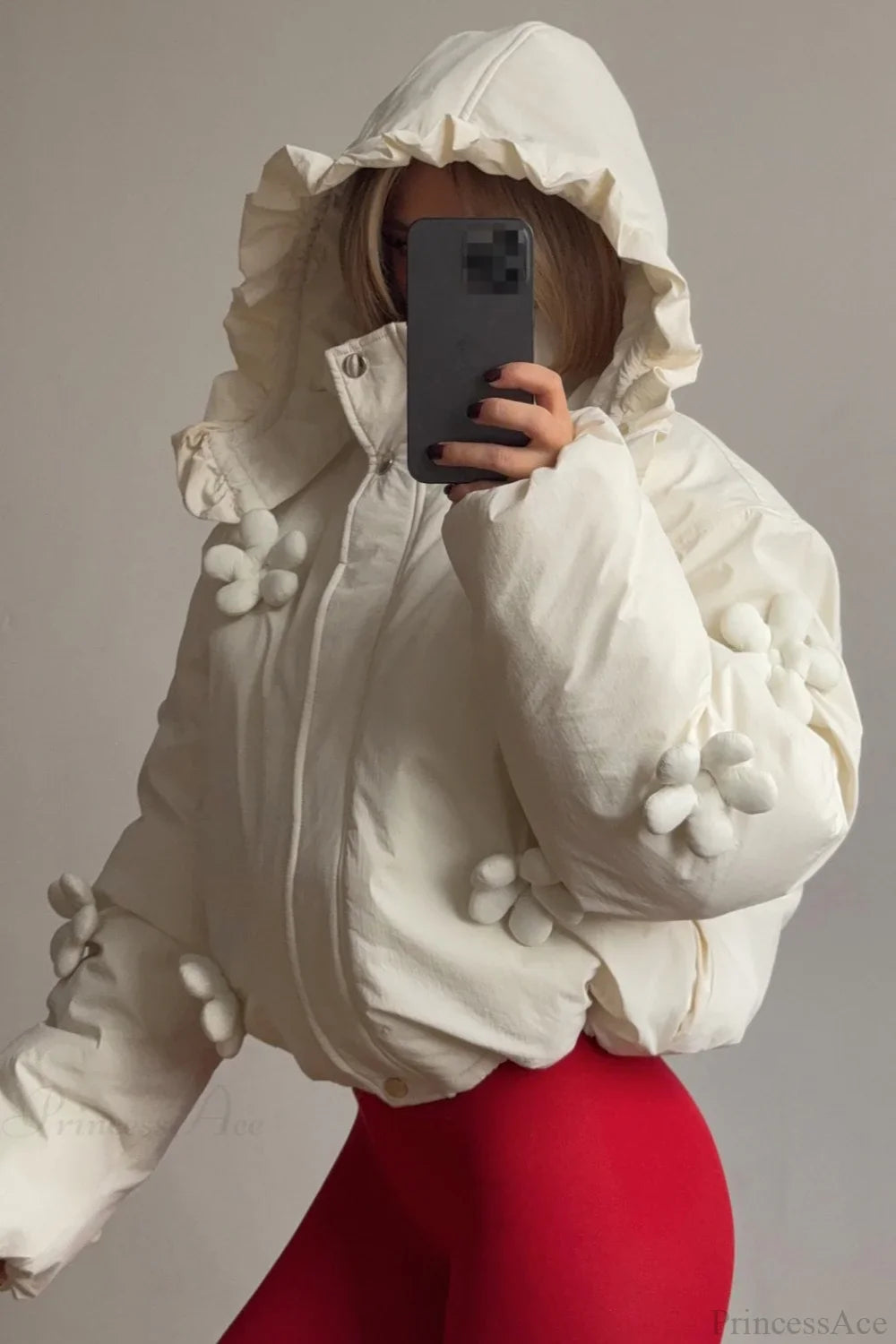 3D Floral Ruffled Hood Cropped Padded Coat