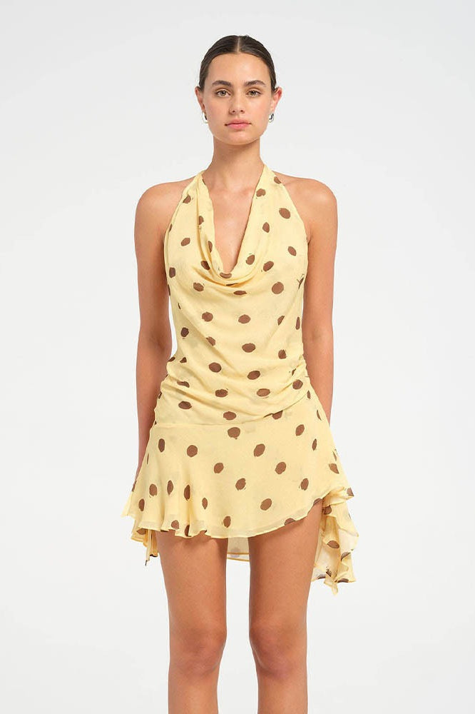 Polka-Punkt-Chiffon Neckholder Kleid mit tiefem V-Ausschnitt, Schlitz und rückenfrei, Mini