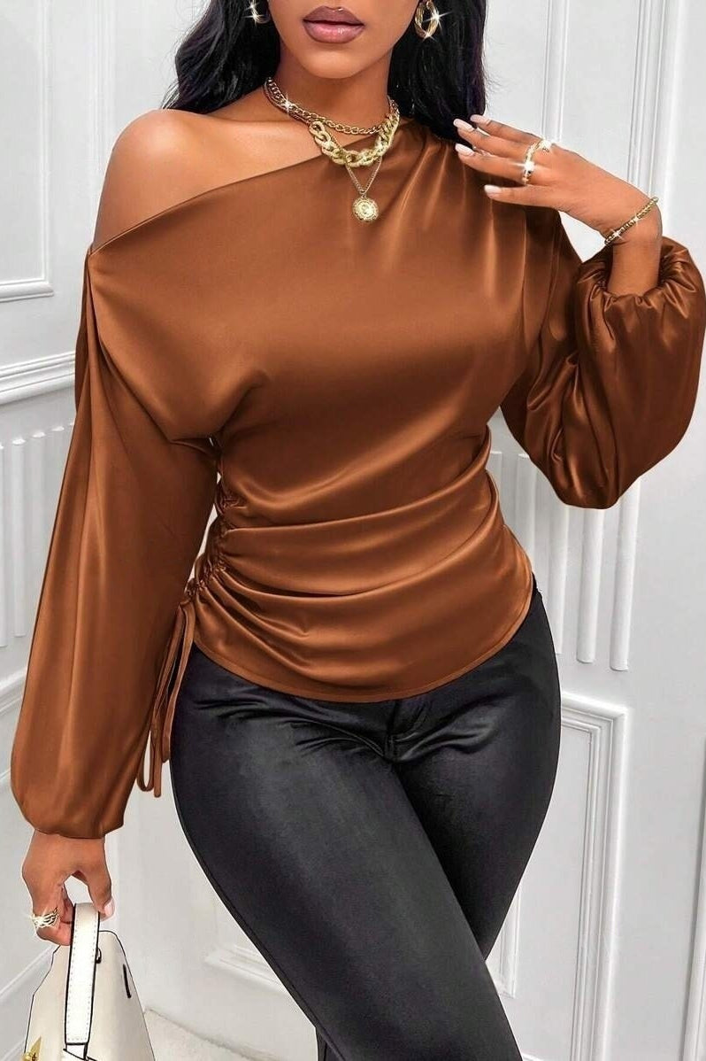 Satin Asymmetric Collar Ruched Waist Long Sleeve Tee
