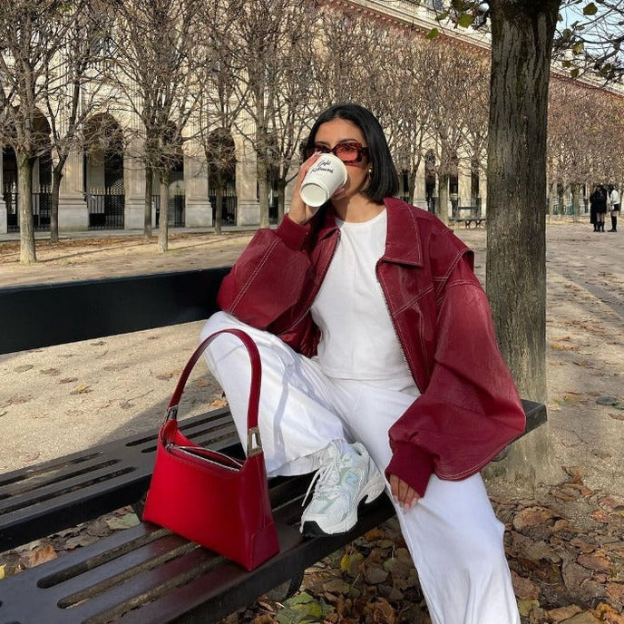Pauline – Veste en cuir oversize rouge femme