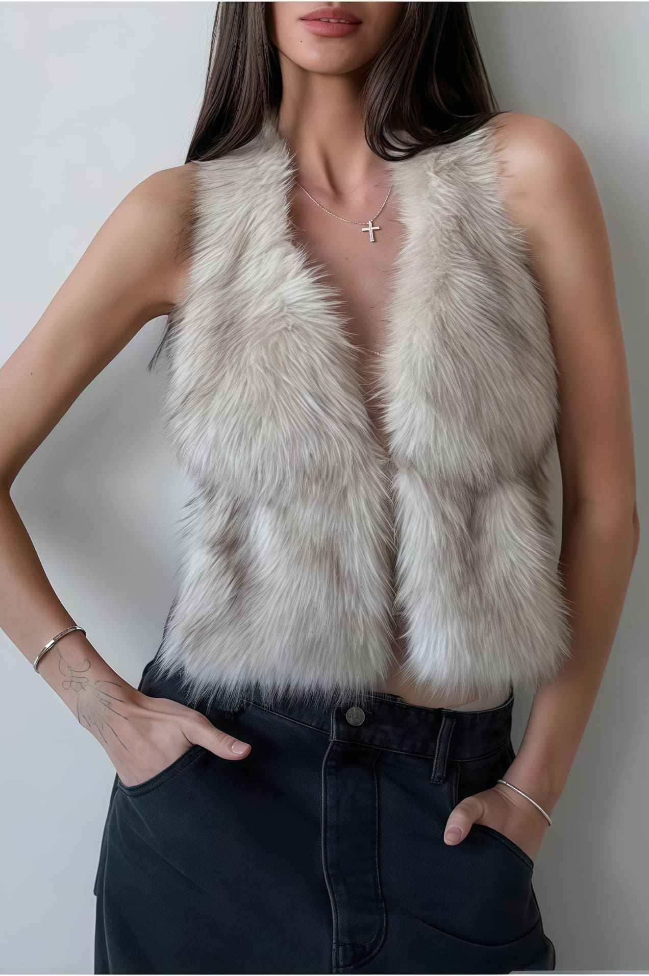 Faux Fur Fox Hair Zipper Sleeveless Vest