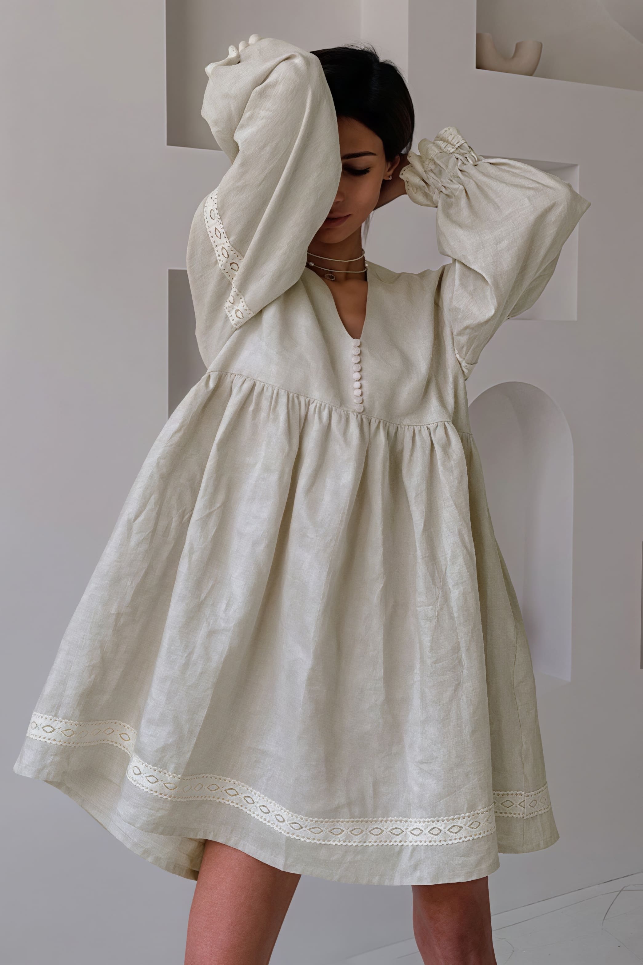 Cotton Linen V Neck Lantern Sleeve Loose Mini Dress