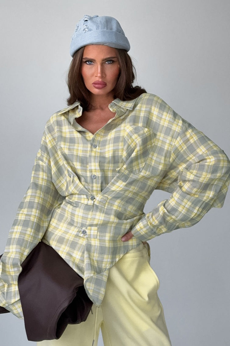 Color-block Plaid Belted Long Sleeve Blouse