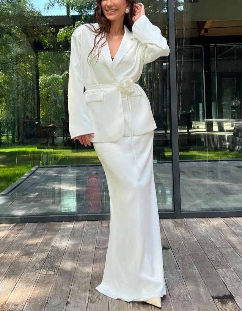 White Satin Long Sleeve Skirt Office Two Piece Set