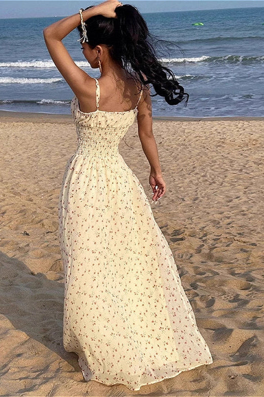 Vestido maxi floral con escote en V fruncido, cintura alta y línea A, estilo camisola sexy