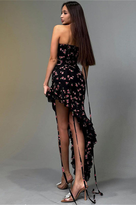 Lace Up Ruffle Mesh Floral Dress