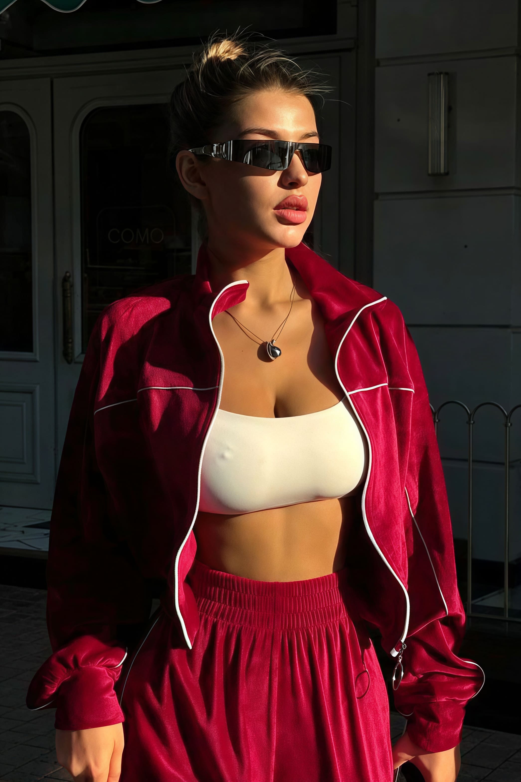 Conjunto de dos piezas con cremallera, cuello de terciopelo atlético y mangas largas