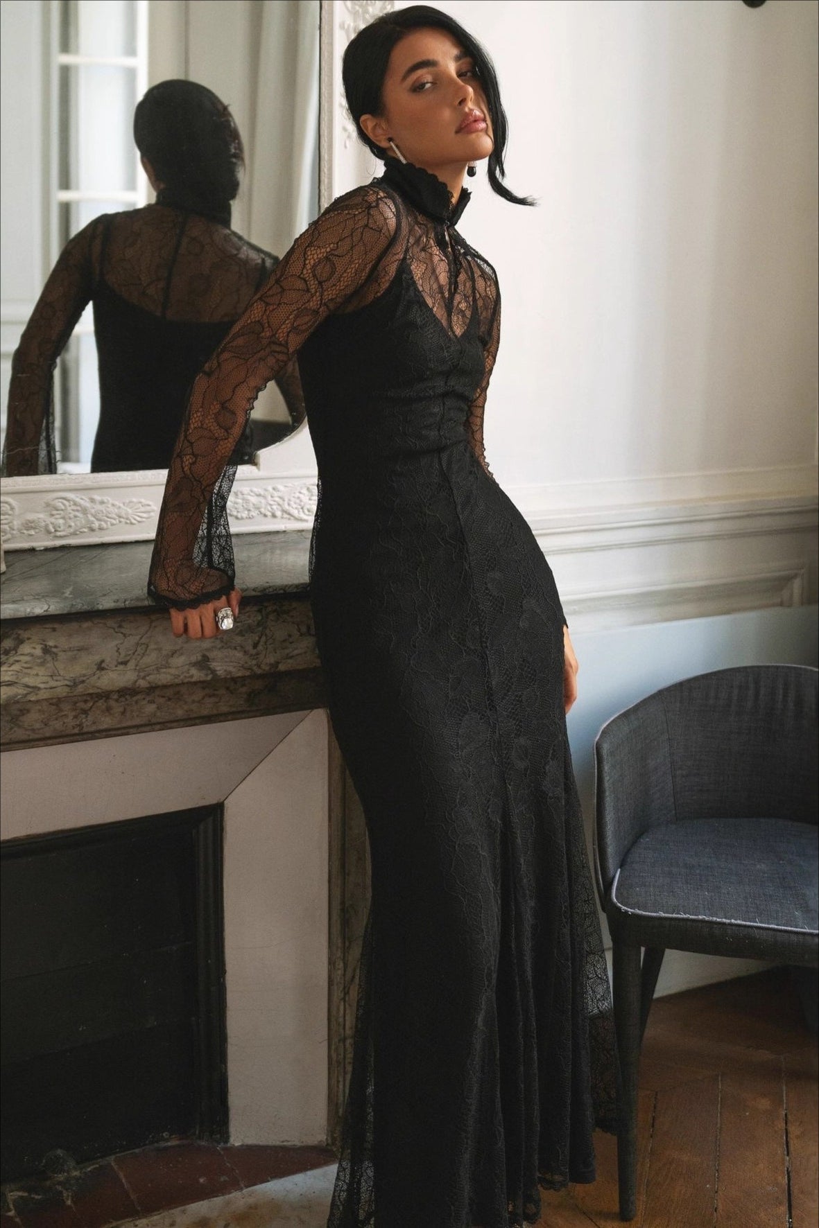 Sexy Spitzen-Patchwork Enganliegendes Maxikleid mit Ausschnitt