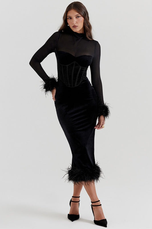 Strukturiertes Samt-Kuschel-Akzent-Kleid für den Abend