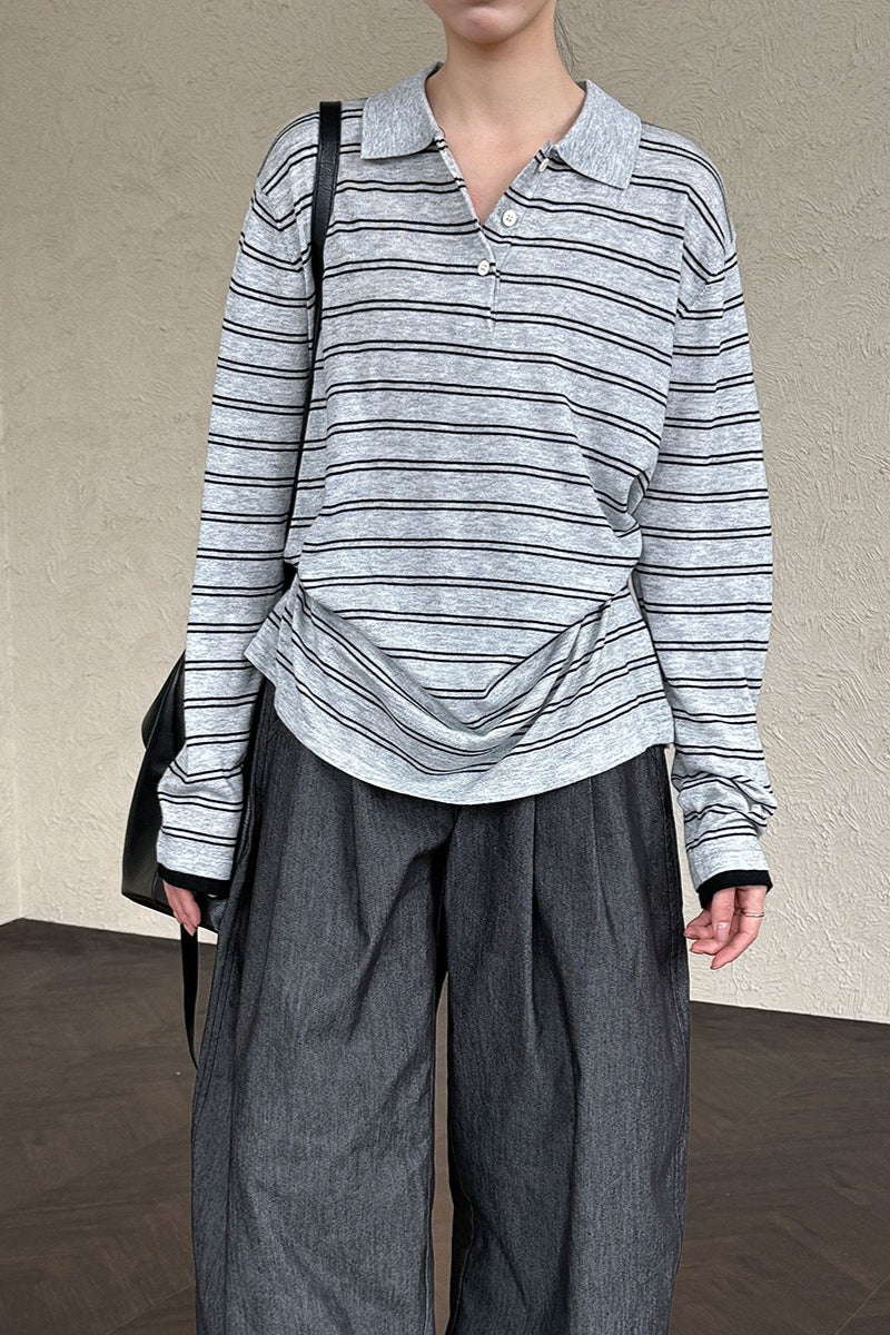 Maglia a maniche lunghe con collo polo a righe in lana morbida