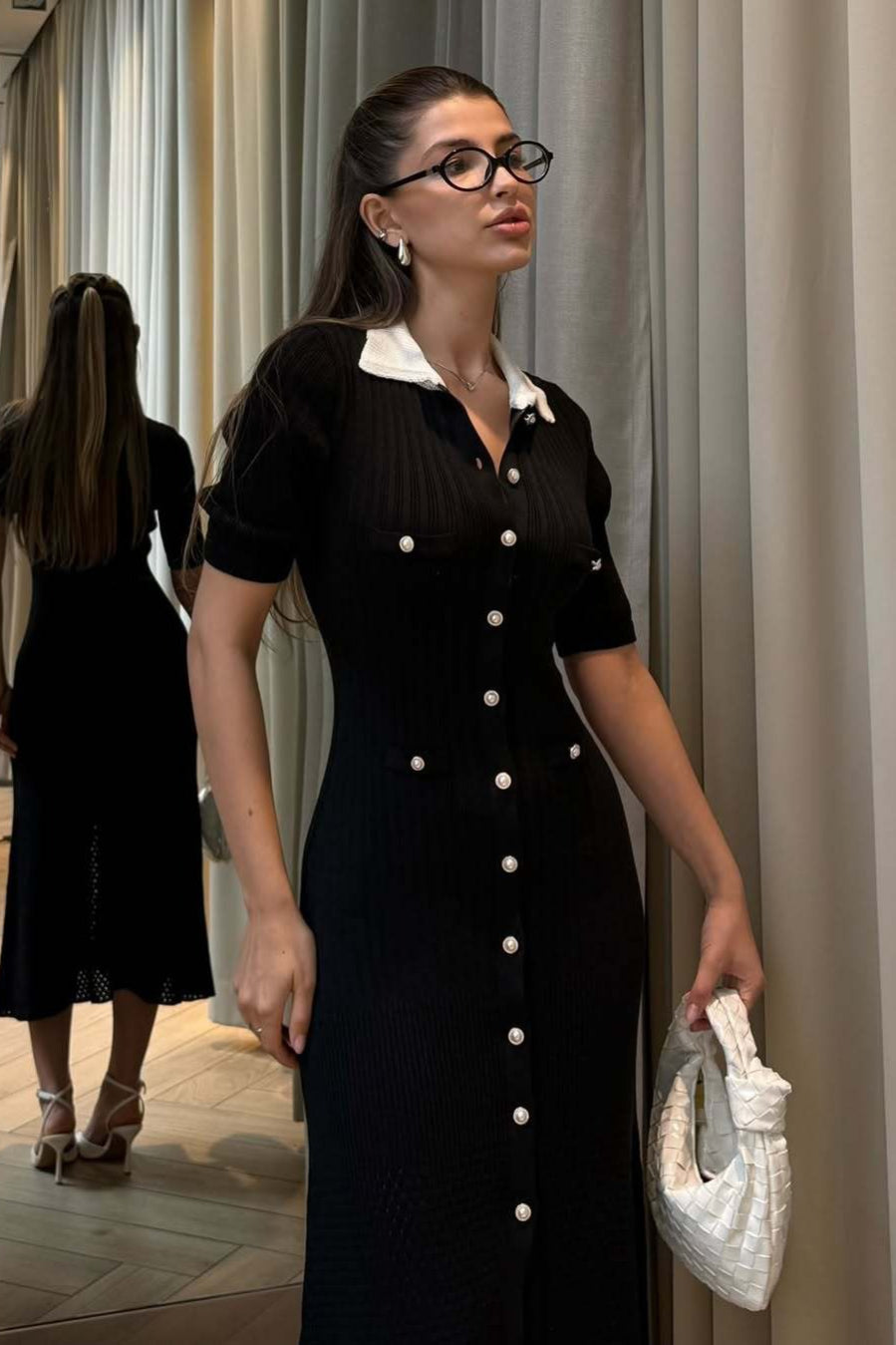 Single Breasted V Neck Knitted Slit Peter Pan Collar Midi Dress