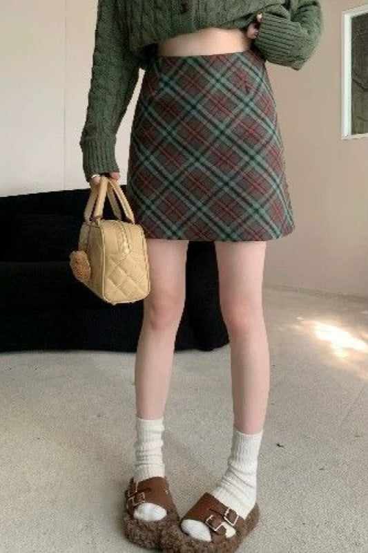 Tweed Plaid Vintage High Waist Fitted Short Skirt