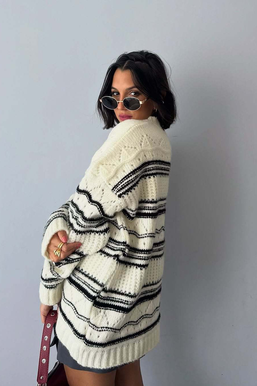 Thick Striped Knit Vintage Crew Neck Sweater