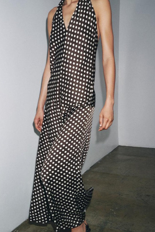 Robe longue à col licou à pois