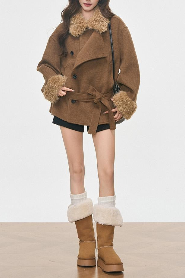 Vintage Pelzkragen Pelzmanschetten Kurzer Wollmantel