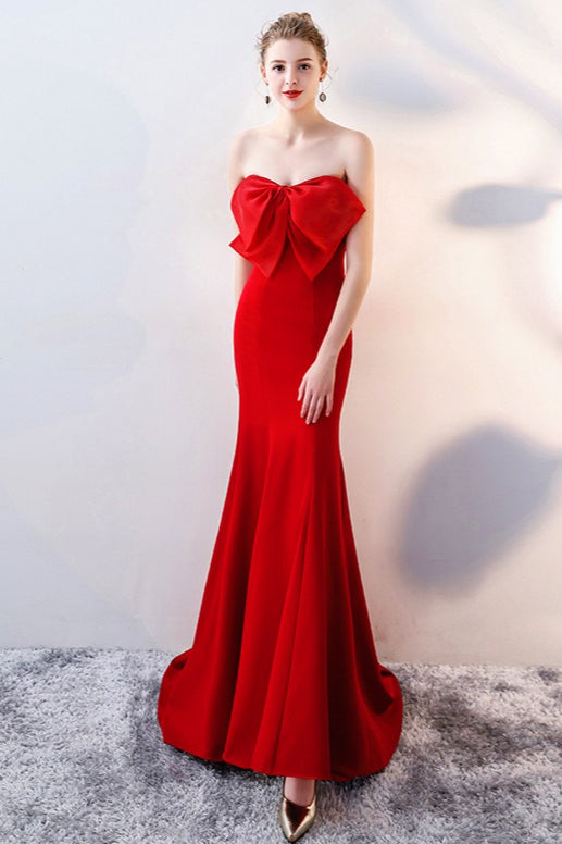 Vestido largo de fiesta sirena sin tirantes con lazo