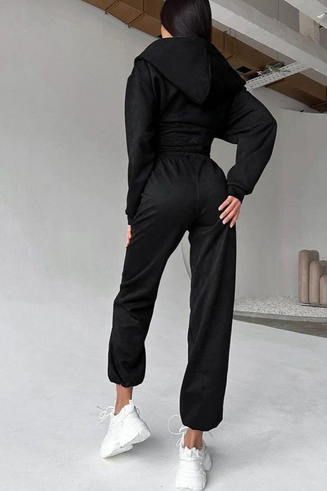Hooded Drawstring Two Piece Pants Set