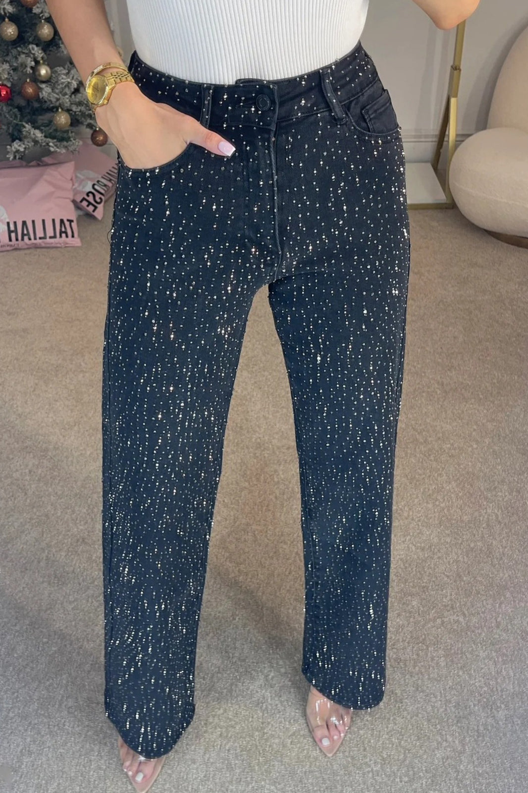 Jeans a vita alta lavati con pietre luccicanti