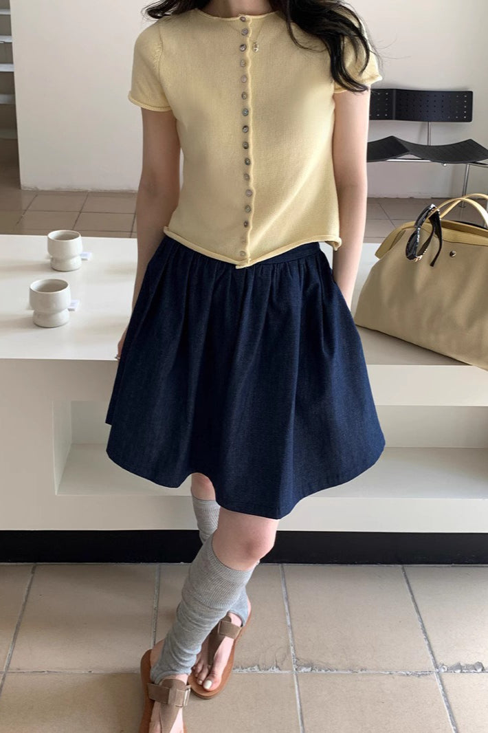 Retro modrá džínová minisukně s vysokým pasem a áčkovým střihem