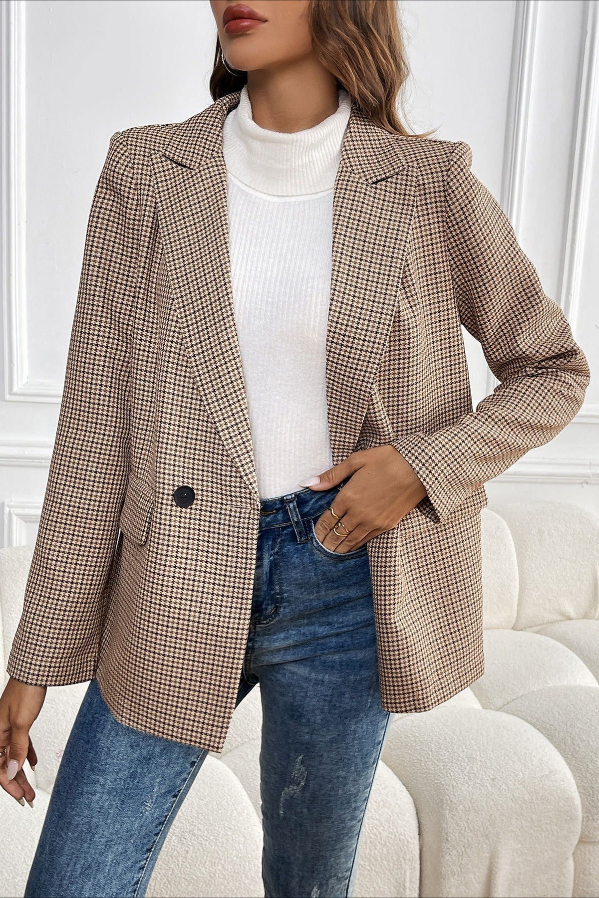 Vintage Houndstooth Elegant Casual Blazer