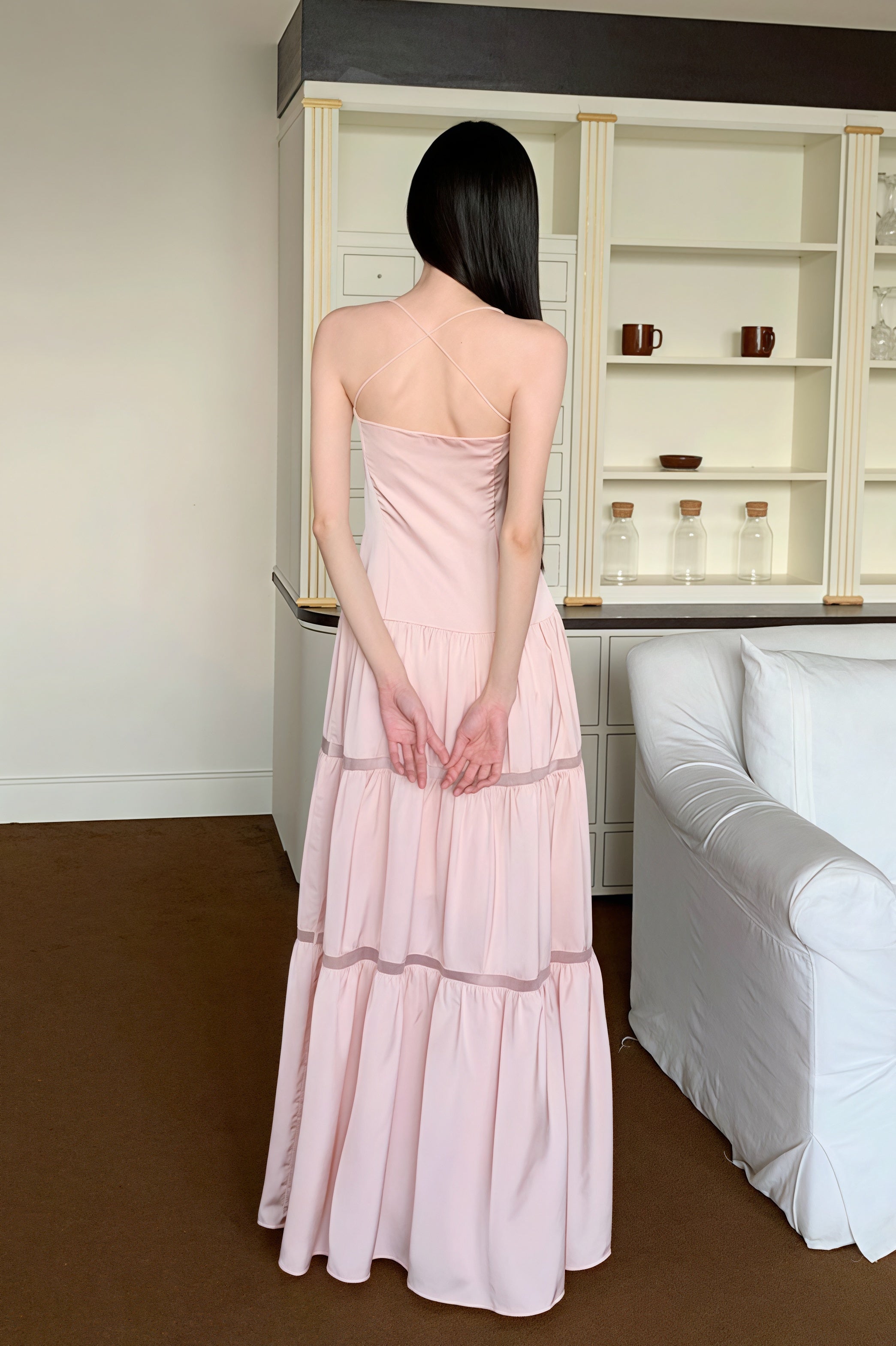 Rosa Satin-Bindeband trägerloses Maxikleid mit Spaghettiträgern