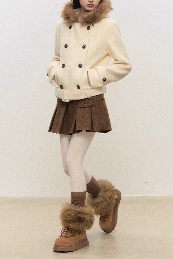 Casaco de Lã Grosso com Capuz, Abotoamento Duplo e Cintura Ajustada