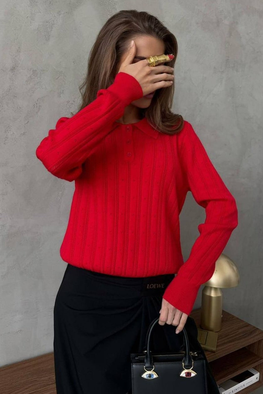 Jacquard Polo Collar Long Sleeve Loose Blouse