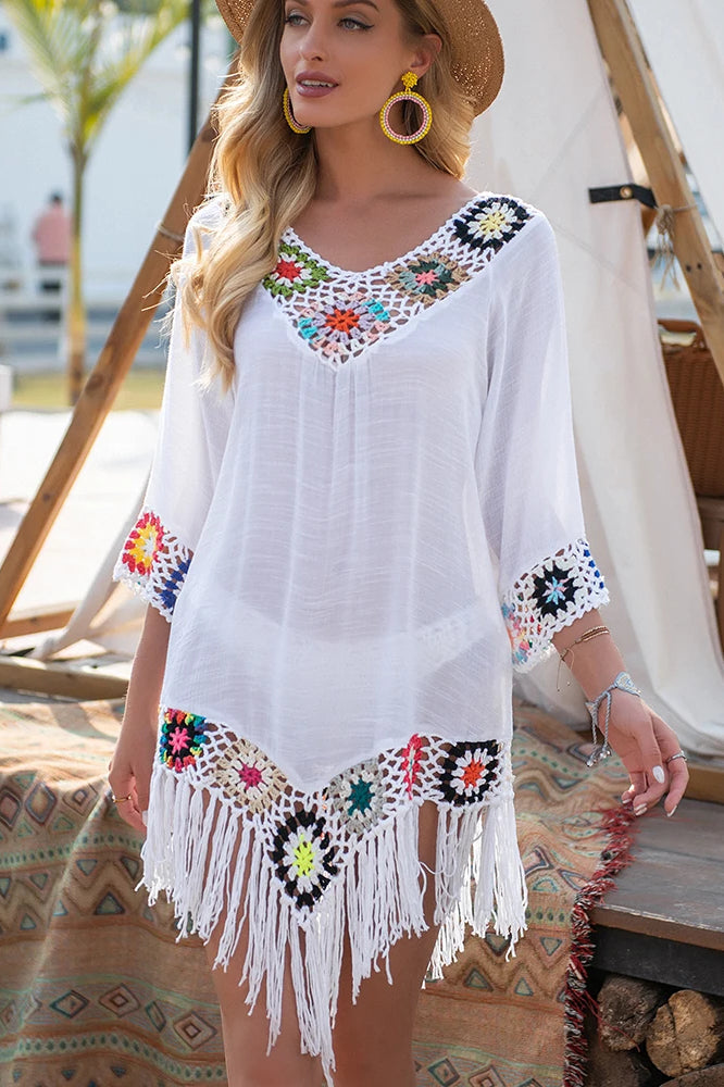 White Fringe Trim Boho Dress