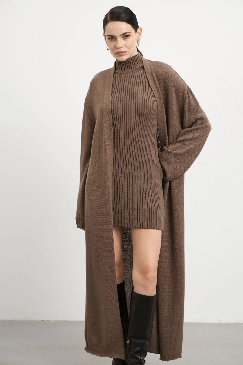 Knit Tank Dress Fitted Long Cardigan Two Piece Set