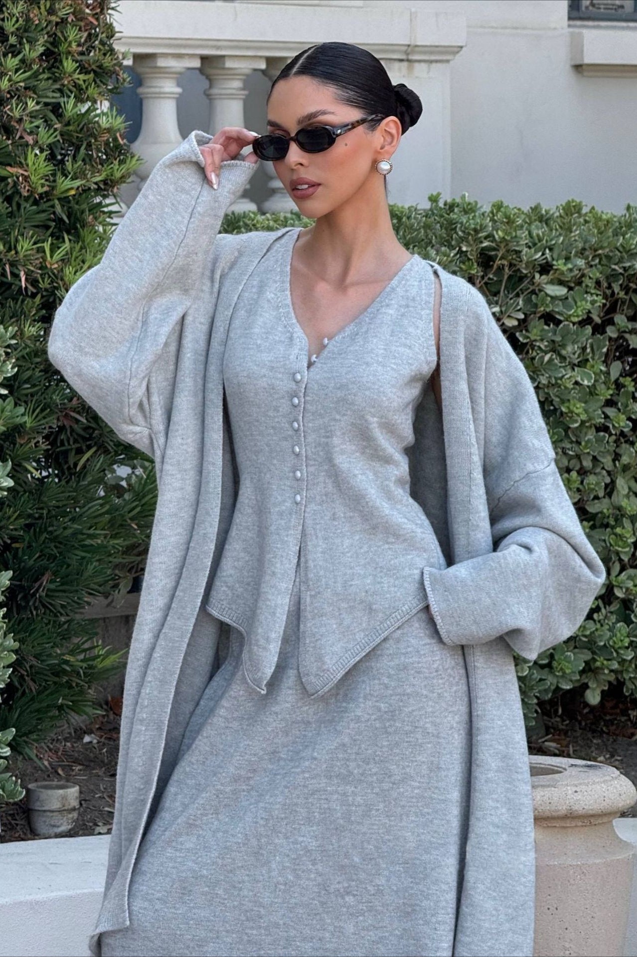 Vintage Gray Knit Jacket Vest & Maxi Skirt Three Piece Set