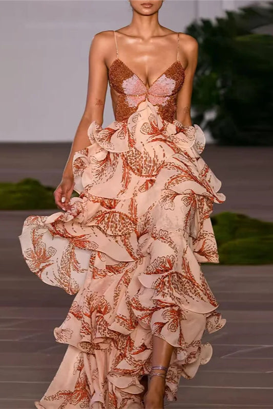 Schickes V-Ausschnitt Falten Boho Kleid