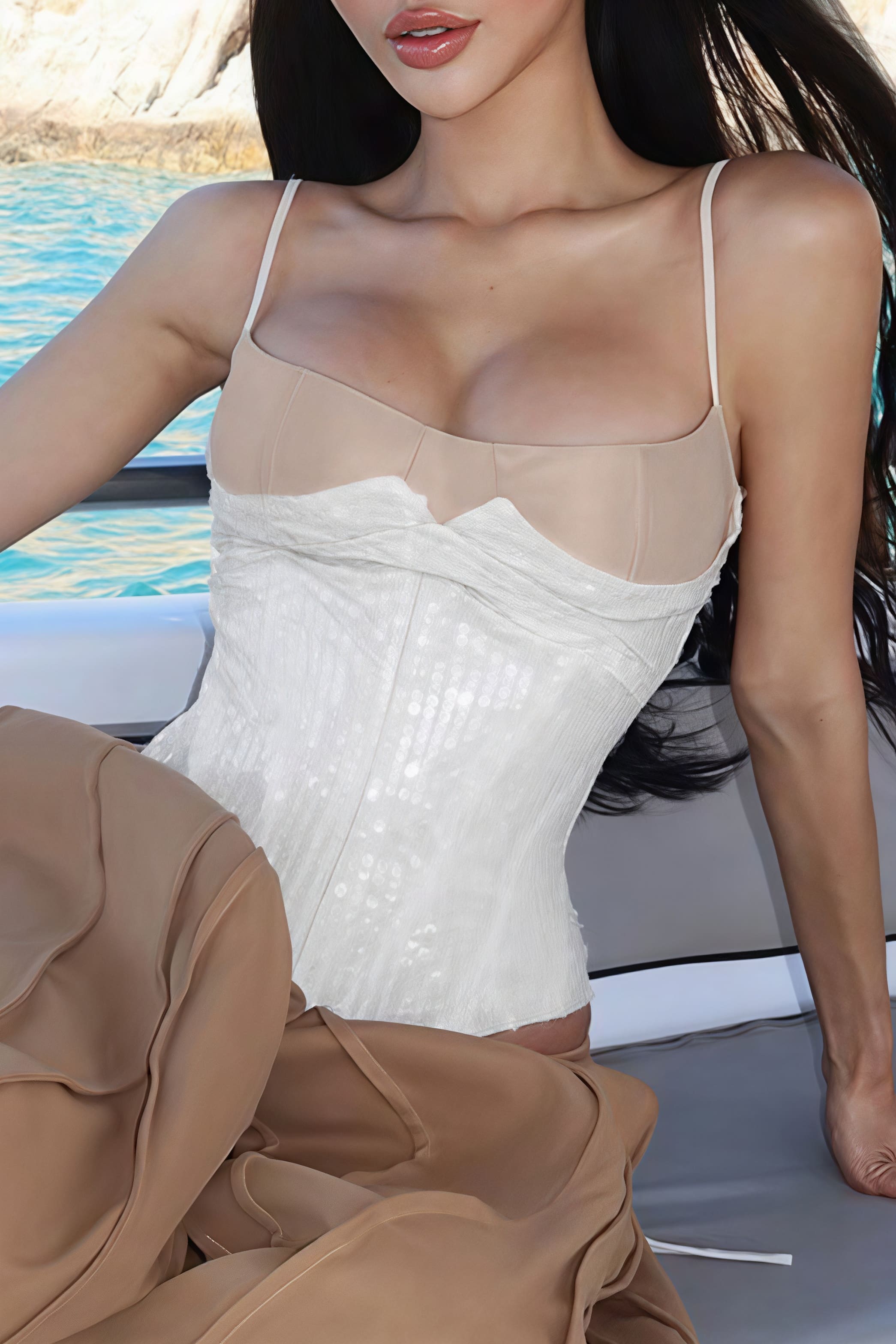 Patchwork Color Block Cinched Waist Tie Asymmetrical Cami Top